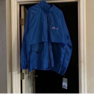 Blue Raincoat with Water-Resistant Material and Stand-Up Collar